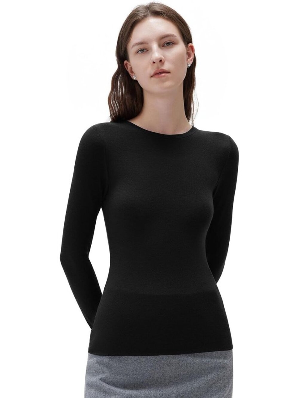 Women's Black Long Sleeve Crew Neck Pull On Slim Fitted Imported Tops Shirts